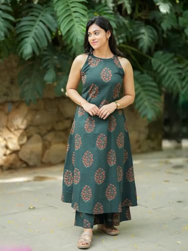 Image of GoSriKi Co Ord Set for Women Viscose Printed | A-Line Kurta Palazzo Set for Woman | Round Close Neck Sleeveless Ethnic Dress Stylish Coord Outfit Trendy Womens Clothing