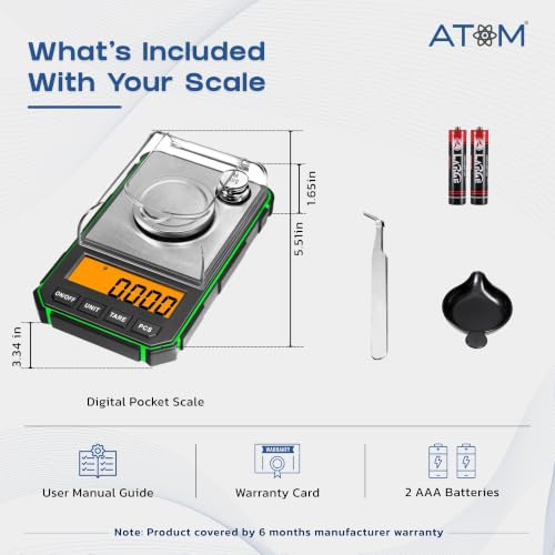 Image of ATOM A208 Digital Pocket Weighing Scale | Small Weight Machine for Jewellery, Gold, Kitchen & Gram Measuring | High Precision with Tare, Unit Conversion & Weighing Pan, LCD Backlit Screen, Pocket Size