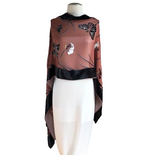 Silk Base Burn-out Velvet Oblong Shawl Scarf, Butterfly and Flora pattern, Dark Rusty Brown3