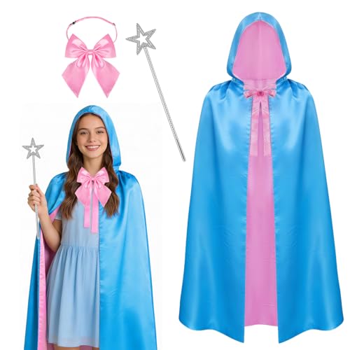 3PCS Fairy Godmother Costume Set for Adult Fairy Costume Accessories with Blue Fairy Hooded Cloak Bow Tie Star Stick for Halloween Cosplay