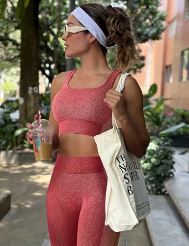 Image of OLCHEE Womens Workout Sets 2 Piece Seamless Square Neck Sports Bra Padded Butt Lifting Leggings High Waist Yoga Gym Outfits
