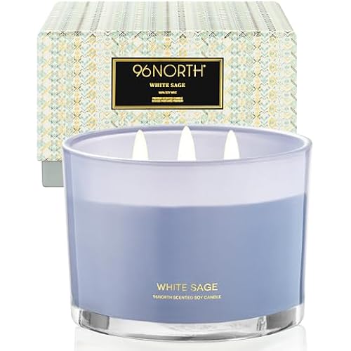 96NORTH Luxury White Sage Candle | Large 3 Wick Jar Candle | Up to 50 Hours Burning Time | 100% Natural Soy Wax | Relaxing Aromatherapy Aesthetic Candles | Housewarming Gift for Men and Women