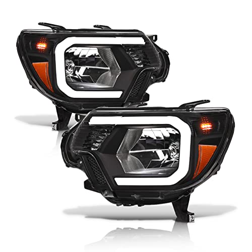 Alpha Owls 8712191 Crystal Headlights With White LED Light Bar - Black Amber Fits 2012-2015 Toyota Tacoma