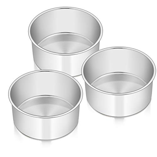 Image of E-far Cake Pans Set of 3, 6 x 3 Inch Stainless Steel Round Cake Baking Pans Tins for Wedding Birthday, Deep Side & Non-toxic, Oven & Dishwasher Safe, Mirror Finish & Straight Side