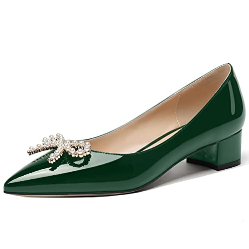 MERRORI Womens Casual Solid Pointed Toe Bow Slip On Patent Office Chunky Low Heel Pumps Shoes 1.5 Inch