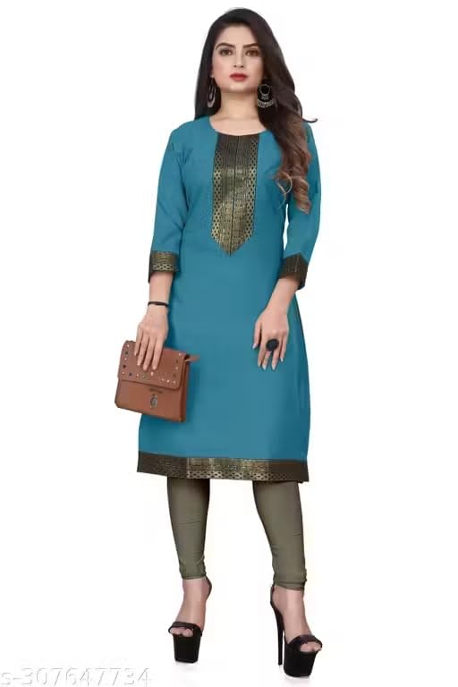 Image of Women Straight Woven Design Cotton Blend Round Neck 3 /4 Sleeve Kurti Only