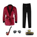 5PCS Men Hefner Costume Sailor Captain Red Silk Velvet Robe Pants Hat Sunglasses Pipe Halloween Cosplay Outfits (XL-2XL)