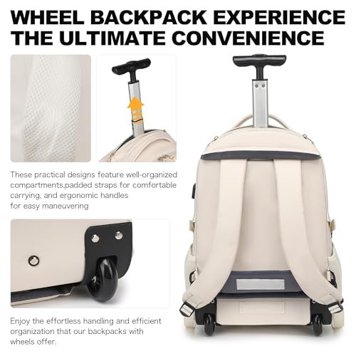 Boavan Rolling Backpack for Women, 17.3 Inch Wheeled Laptop Backpack,Large Travel Carry-On Bag for Teachers College Students, USB Charging Port Waterproof Business for Airplane Overnight Luggage,Beige - Image 6