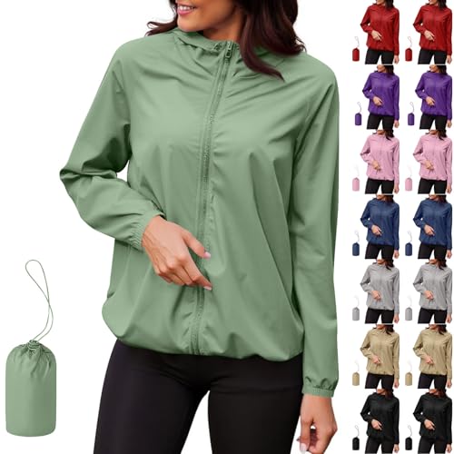 AACH Dünne Regenjacke Damen Packbare Regenmantel Ultraleicht Wasserdichte Softshelljacke Sonnenschutz Full Zip Sweatjacke Sportlich Outdoorjacke mit Kapuze Windbreaker...