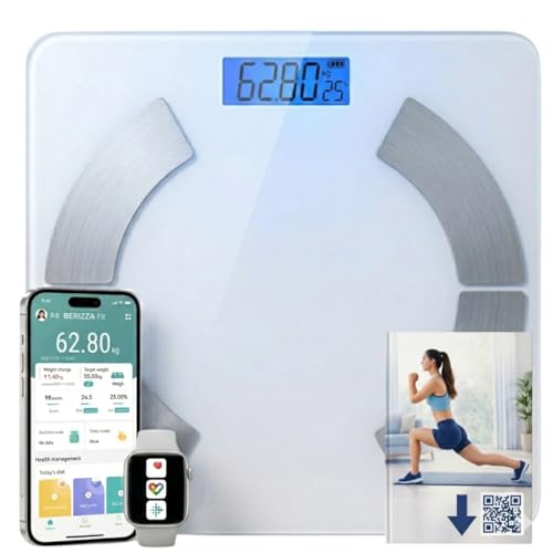 BERIZZA Báscula de Baño, Inteligente Bluetooth con App, Báscula digital con Análisis Corporal, Peso, Grasa, IMC, Masa Muscular, Alta Precisión, Compatible iOS y Android + Guia de ejercicios