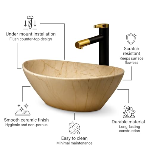 Image of Ceramic Tabletop Wash Basin - Glossy Bowl Shape Countertop Vessel Sink with Marble Finish for Bathroom & Vanity | Compact 16 x 13 x 5 Inch | Elegant Washbasin