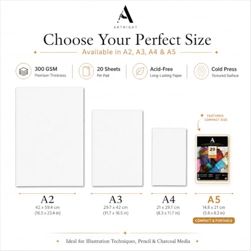Image of ArtRight Artists' Sketching Paper (A5 Pack of 20 Sheets, 300 GSM); Handmade Cartridge Mixed Media Sheets of 300GSM for Pencil, Charcoal and Ink Media