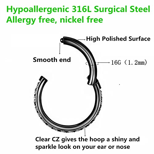 BLESSMYLOVE Clear CZ Nose Rings Hoop 316L Surgical Steel Cartilage Earrings Conch Daith Helix Rook Tragus Lobe Snug Body Piercing Jewelry 20G 18G 16G Stainless Steel Hinged Segment Rings Lip Rings