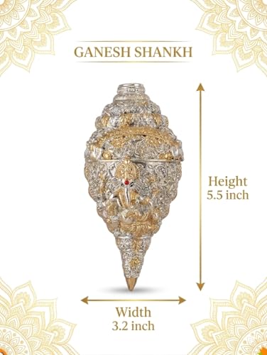 Image of 999 Pure Silver Plated & 24K Gold Plated 5.5 Inch Ganesh Shankh with Premium Gift Box | Ganesh Idol for Home Decor, Mandir & Vastu | Wedding Gift for Couples | Housewarming Gift