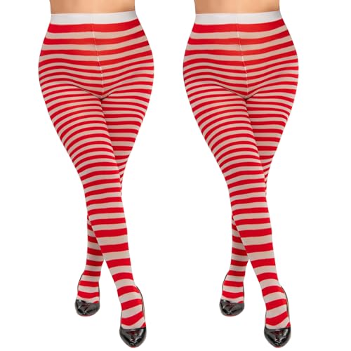 Image of MANZI 2 Pairs Women's Plus Size Colored Striped Tights 40D Nylon Striped Pantyhose for Halloween Christmas