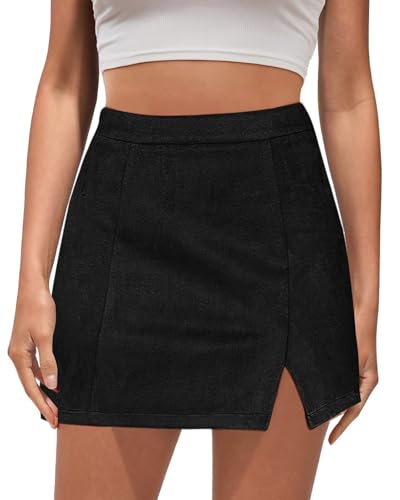 JPGLOV Women's Faux Suede Skirt with Slit High Waisted A-Line Bodycon Short Mini Skirts Black M
