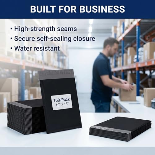 Image of BOX USA Shipping Bags 10 inch x 13 inch (100-Pack) Black - Heavy Duty Self-Adhesive Envelope Poly Mailers for Packing, Secure Shipping, & Small Business Mailing
