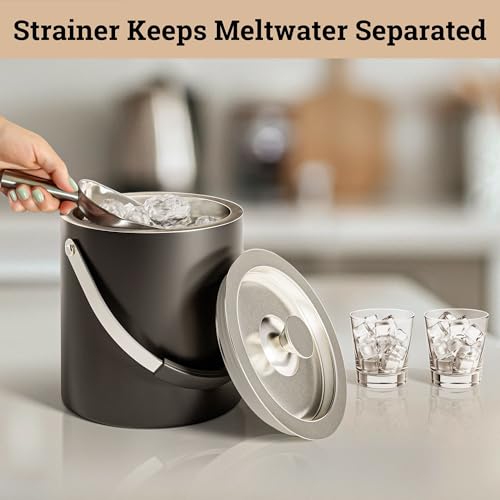 Insulated Ice Bucket with Lid, Strainer, Scoop & Handle - 3L Matte Black Stainless Steel Double Wall Ice Bucket with Airtight Lid & Comfortable Carry Handle - Large Ice Buckets for Parties with Lid