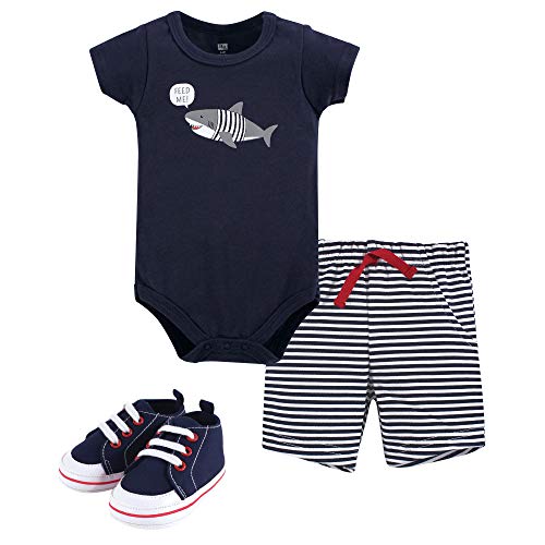 Image of Hudson Baby Unisex Baby Cotton Bodysuit, Shorts and Shoe Set