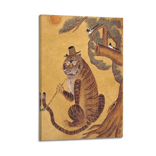 Minhwa Tiger Impression sur Toile - Décoration Traditionnelle Coréenne de Haute Qualité