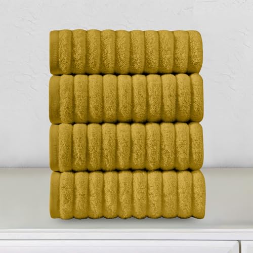 Image of Elegant Comfort Luxury 100% Turkish Cotton Corduroy Ribbed 4 Pack Hand Towel Set 16 x 28 Inch - Absorbent, Super Soft, Quick Dry, Premium Towels for Bathroom, Gym, Spa and Hotel Use, Gold