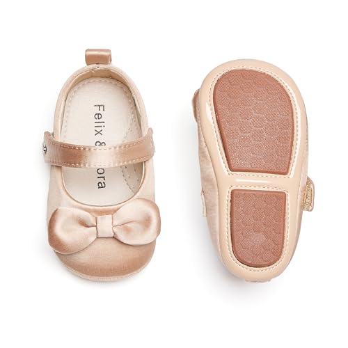 Felix & Flora Soft Sole Dark Nude Baby Shoes - Infant Baby Girls Ballet Flats Moccasinss Rubber Sole Walking Crib Shoes(Dark Nude,6-9Months Infant)