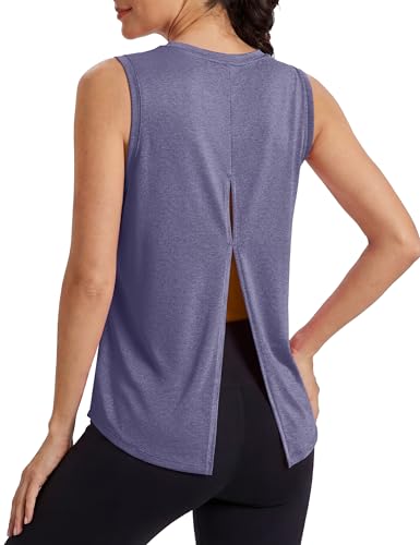 Image of MAGCOMSEN Workout Tank Tops Woman Summer Open Back Yoga Athletic Shirts Sleeveless Tie Back Loose Fit Gym Muscle Tank
