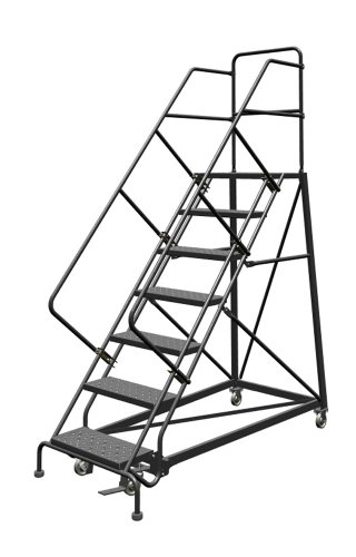 Image of Tri-Arc KDEC107246 7-Step Forward Descent Safety Angle Steel Rolling Industrial and Warehouse Ladder with Perforated Tread, 24-Inch Wide Steps