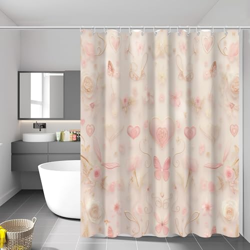 Rideau de douche imperméable lavable polyester or rose papillon cœur 180x200