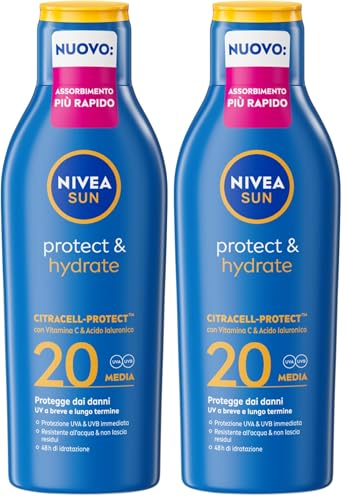 NIVEA SUN Protect & Hydrate SPF 20 200 ml, Crema solare 20 idratante 48h ad assorbimento rapido, Protezione solare 20 resistente all'acqua arricchita con Vitamina C e Acido Ialuronico