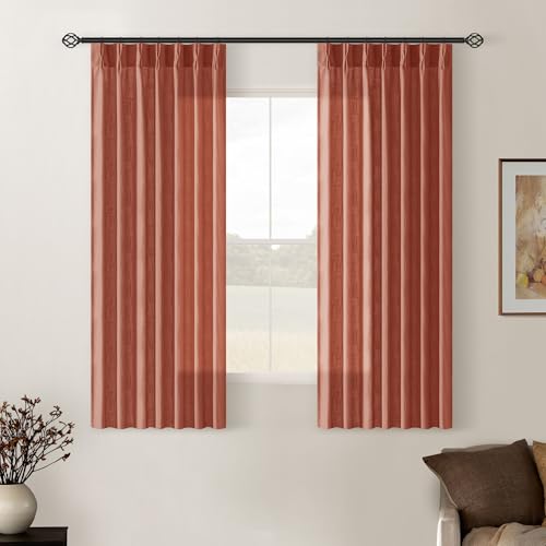 Image of Pinch Pleated Linen Semi Sheer Curtains 45 Inch Length 2 Panels Firebrick | for Kitchen Small Bay Window Basement, Pinch Pleated with Hooks Rings Back Tab, Memory Shape, Thick Linen Semi Sheer, W40xL45