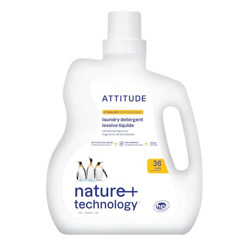 ATTITUDE Detergente líquido para ropa, jabón de lavandería verificado por EWG, compatible con HE, productos veganos y de origen vegetal, ralladura de cítricos, 36 cargas, 1.8 litros