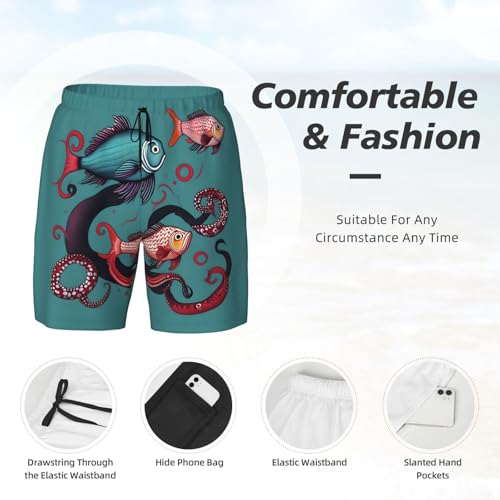Men's Fish and Octopus Print Quick-Dry Mesh Swim Trunks Stretch Lining Beach Shorts Surfing Summer Vacations4