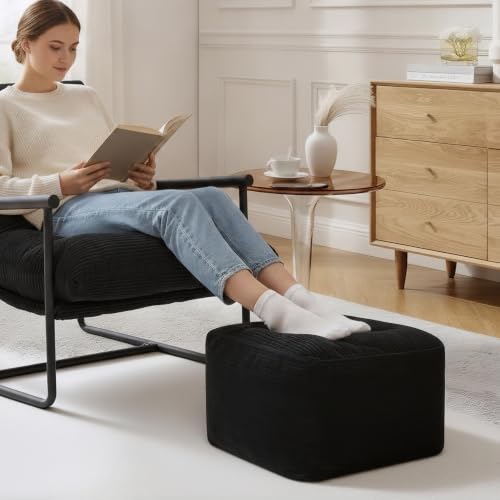 Image of Square Stuffed Pouf Ottoman, Corduroy Oversize Foot Rest,Black