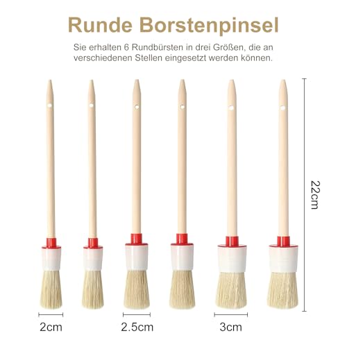 6 Stück Borstenpinsel, Pinsel Rund 20mm/ 25mm/ 30mm Professionelles Naturholz Rundpinsel Ringpinsel Naturborstenpinsel für Wänden
