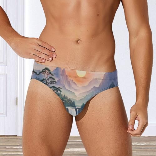 Chinese Landscape Mountain Waterfall Men's Swimming Trunks Briefs Beach Swimwear Low Rise Bikini Swimsuit Print Bathing Suit4