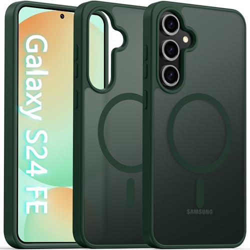 Image of Oterkin Magnetic for Samsung Galaxy S24 FE Case Matte, S24 FE Phone Case Compatible with MagSafe Frosted Translucent Shockproof Anti-Scratch Slim Fit Case Military Grade Protection (Dark Green)