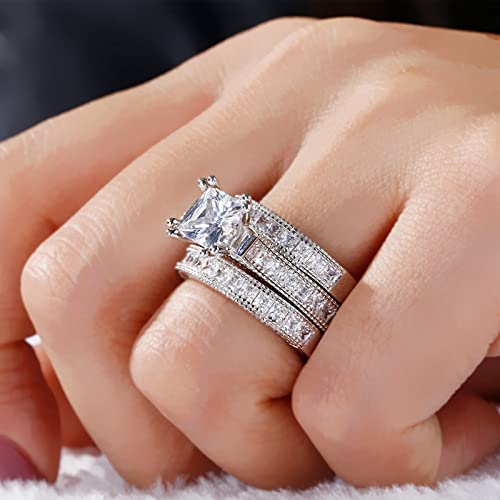 Jeulia 3PC Princess Cut Ring Set: Sterling Silver Halo Diamond Bridal Set Engagement Wedding Band Best Anniversary Promise Valentines Jewelry Gift with Box4
