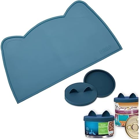 OHMO Small Cat Food Can Lids 3 oz ONLY and Cat Food Water Mat Teal Cover
