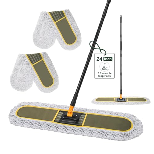 Ylebs 24 Commercial Dust Mops for Floor Cleaning with 2 Replacement Mop Pads Heavy Duty Large Dust Mop for Hardwood Floors Industrial Wet Dry Floor Duster for Office Garage Warehouse Factory Mall