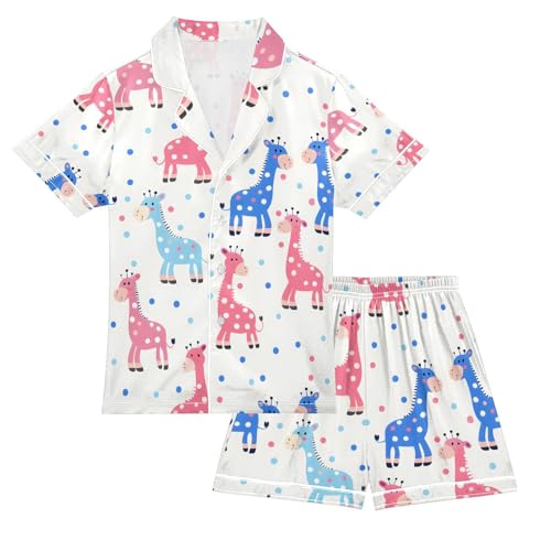ALAZA Blue Giraffe Polka Dots Pajamas Satin Pajama Set Short Sleeve Button Down Sleepwear