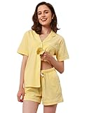 NAP BOUND Cotton Womens Pajamas Sets Button Down Short Sleeve and Shorts with Pockets Pjs 2 Piece Yellowish Notch Collar Lounge Sets XS-XXL Soft Sleepwear (ShortYellowish,M)
