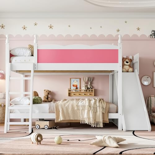 Image of Bellemave Bunk beds Full Over Full with Slide and Stair, Low bunk /loft Bed for Kids,Pink and White