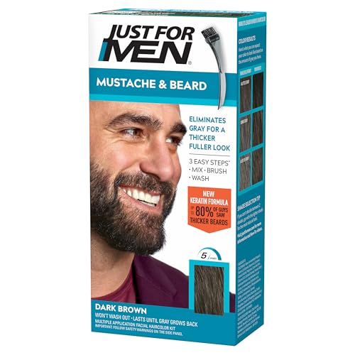 Just For Men Mustache & Beard, Beard Dye for Men with Brush Included, With Keratin Biotin Aloe and Coconut Oil for Healthy Facial Hair – Dark Brown, M-45, Pack of 1 (Packaging May Vary)