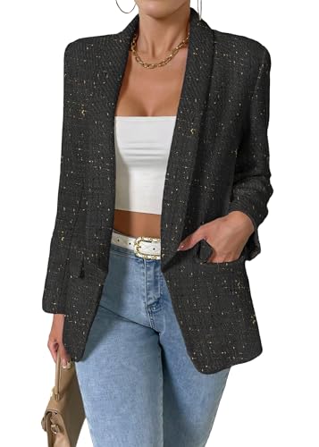 2024 Fall Tweed Blazer Jackets for Women Shawl Lapel Long Sleeve Open Front Fashion Business Casual Suit with Pockets3