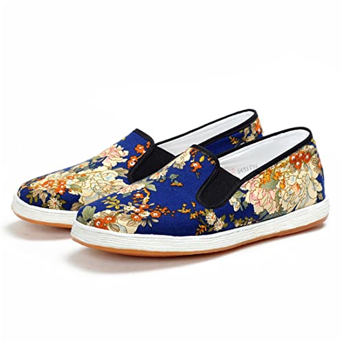 Chinese Traditional Old Beijing Handmade Melaleuca Sole Flower Cloth Shoes,Men's Fashion Pattern Casual Cloth Shoes,Blue,10.5