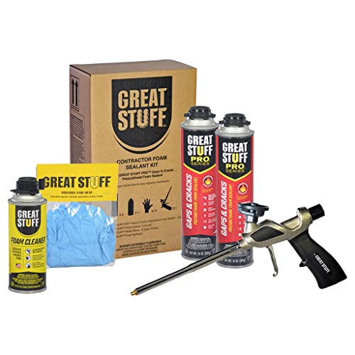 Great Stuff Foam Sealant Kit - Great Stuff Pro Gaps and Cracks 24oz, Great Stuff Foam Gun, Great Stuff Gun Cleaner 12oz, Great Stuff Gloves. Orange Color, Fire Rated Spray Foam Insulation