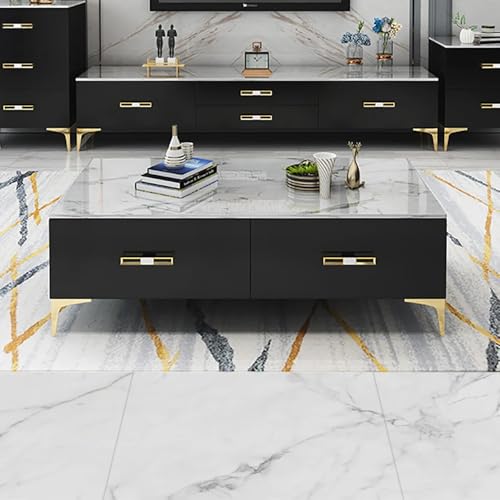 Image of Furo Premium Marble-Top Wooden Center Table for Living Room | PVD Coating Iron Legs| Modern Entryway Furniture | Coffee Table - 42x24x17 Inch (Black and White)