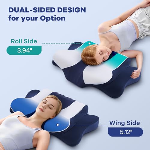Image of Cervical Neck Pillow for Pain Relief,Cervical Pillow with Memory Foam Ergonomic Pillows with Dual Heights for Back,Stomach and Side Sleepers Kids' Floor Pillows Cushions (Dark Blue, Standard 27 inchx16 inch)