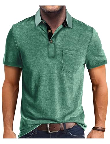 Image of Men's Short Sleeve Polo Shirts Buttons Collared T Shirts with Pocket